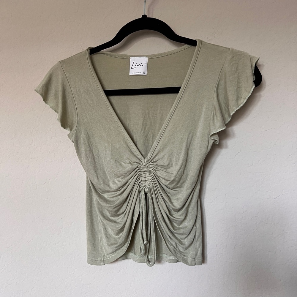 Livi by Olivia Rae Ruched Drawstring Front Top Sage Green XS Soft Flutter Sleeve